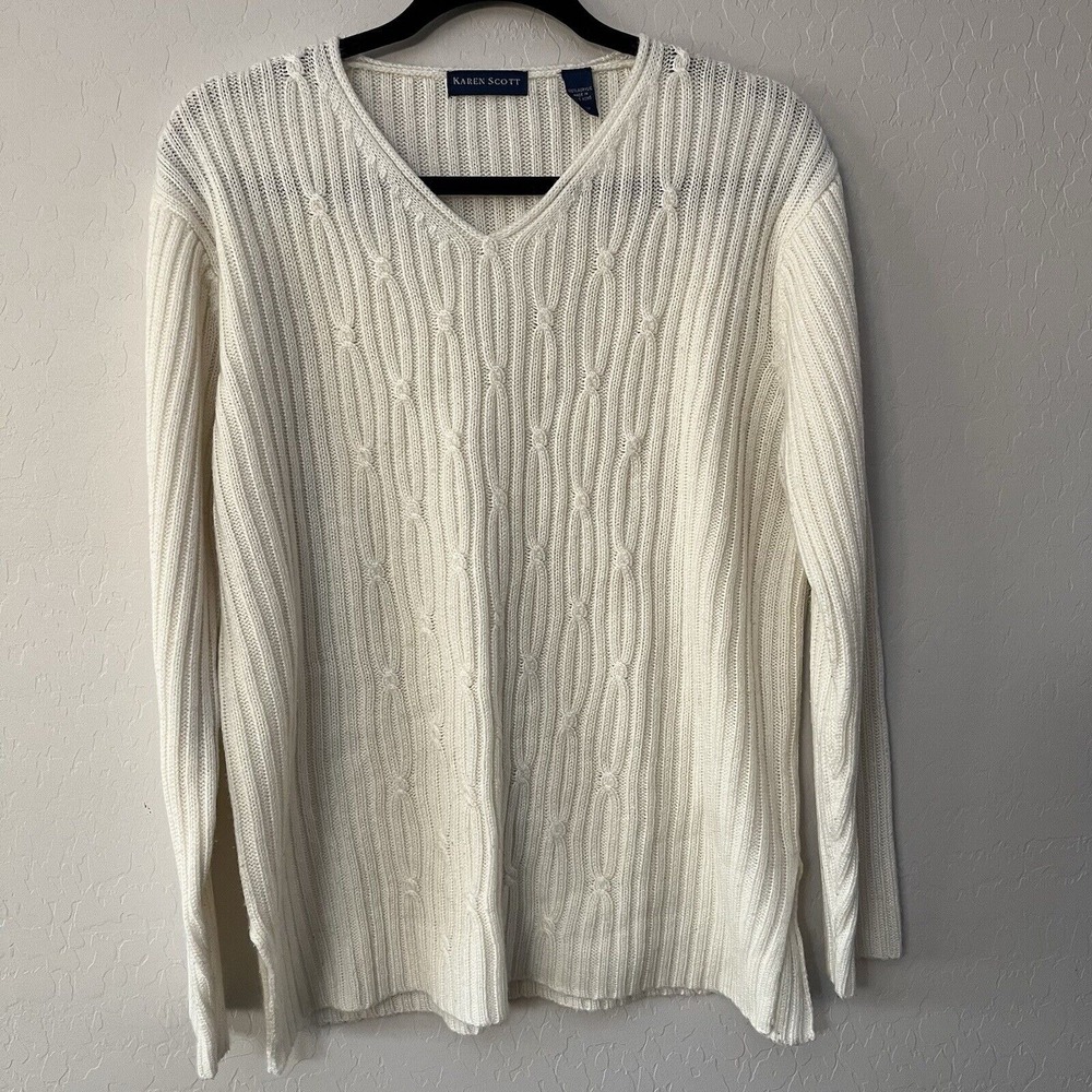 Karen Scott Sweater Long Sleeve Women's Size Large White Cable Knit  Office Work